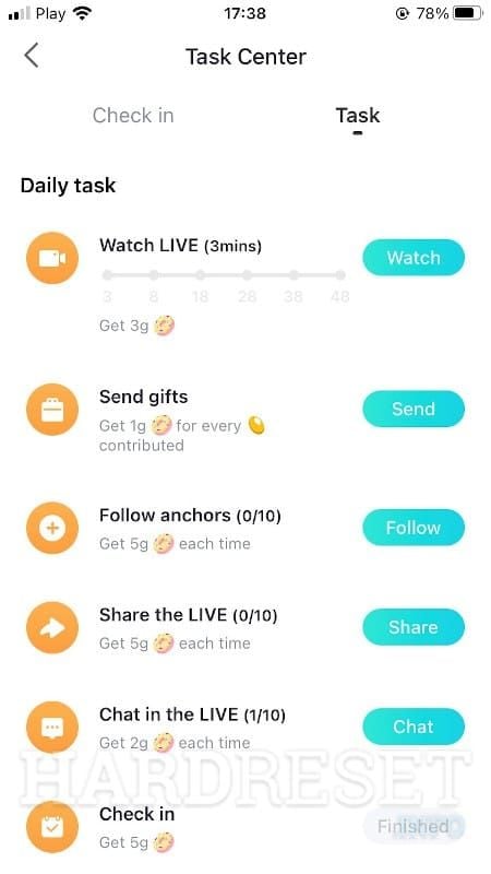 Bigo Live Task Center daily rewards interface