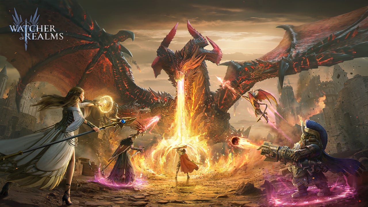 Watcher of Realms battle scene showing heroes casting combat abilities