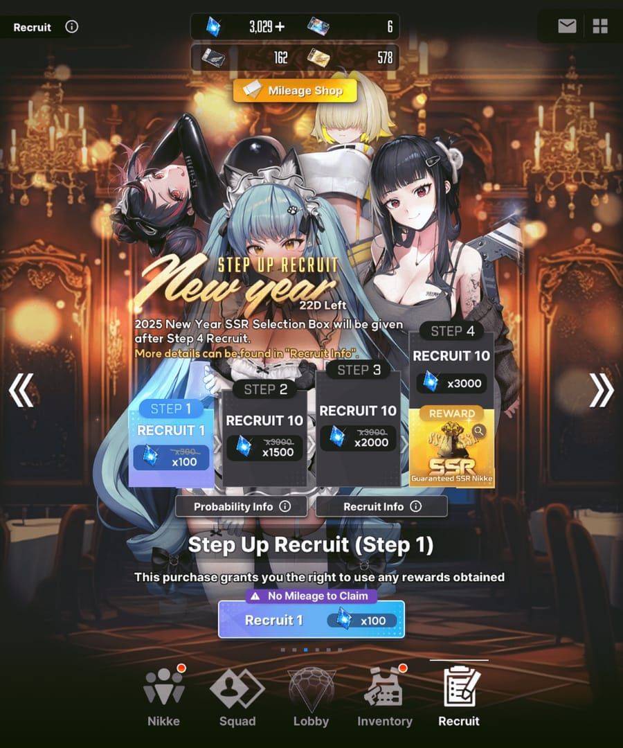 Pantalla del banner de reclutamiento de Nikke donde se muestran las Gems como moneda premium