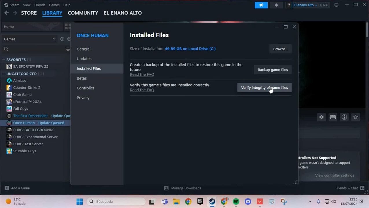 Steam library properties menu showing verify integrity of game files button