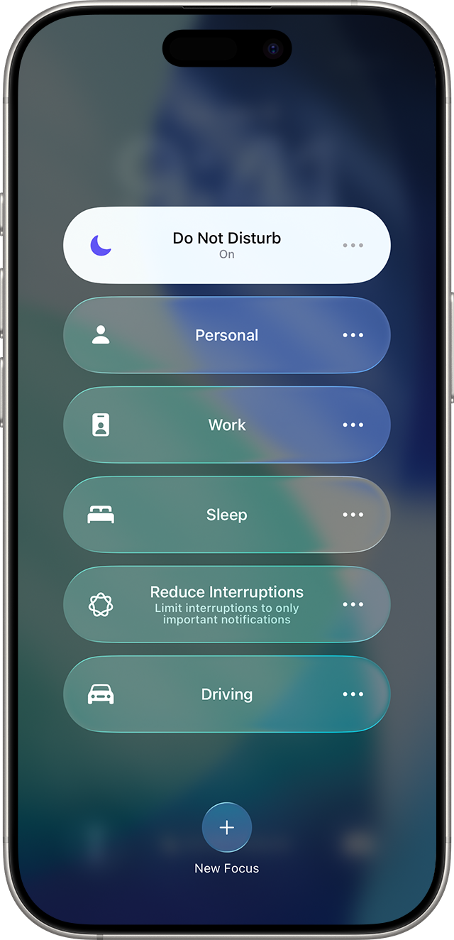 Apple iOS settings menu displaying Do Not Disturb Focus mode toggle