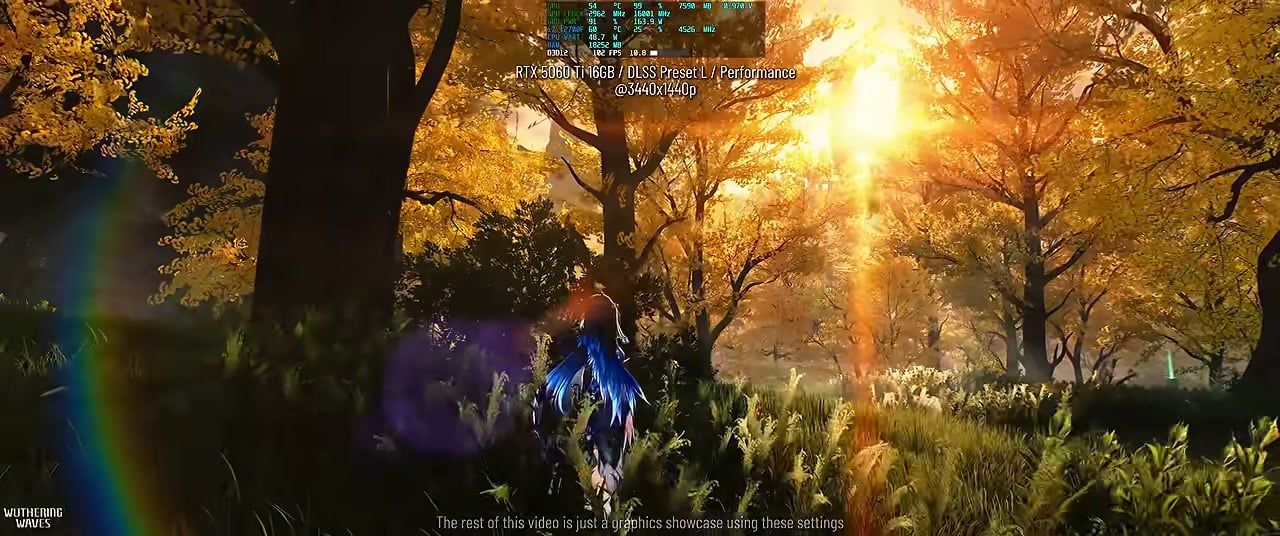 Wuthering Waves forest volumetric lighting at 100 FPS