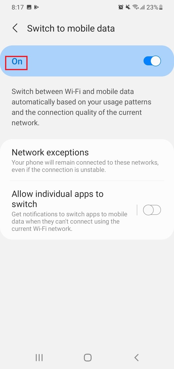 Alternar la conexión del dispositivo entre red Wi-Fi y datos móviles