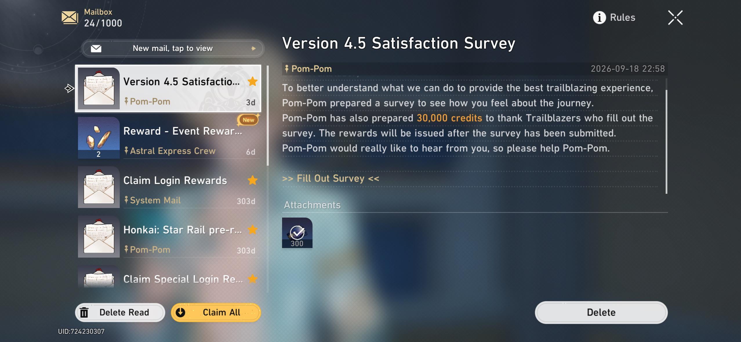Honkai Impact 3rd in-game version feedback survey screen