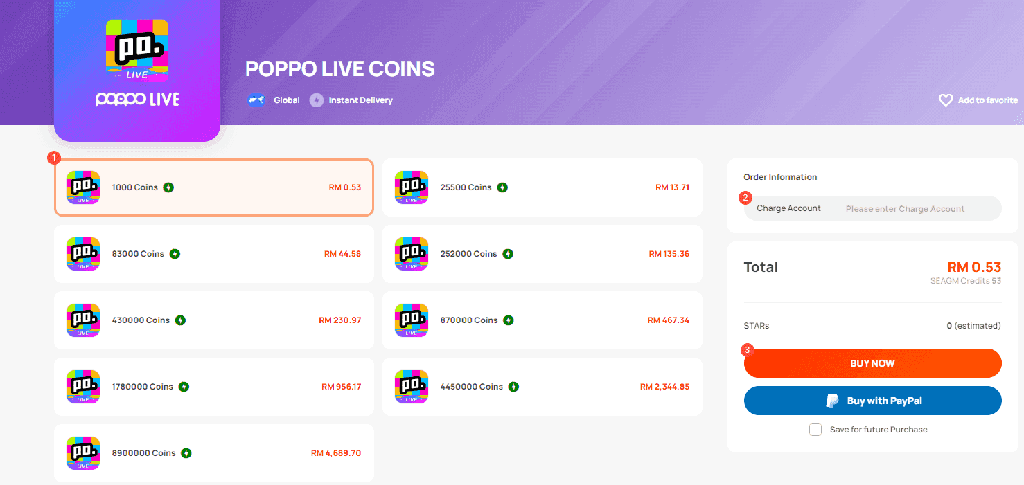 Poppo Live virtual gift store showing rose costs and coin balances