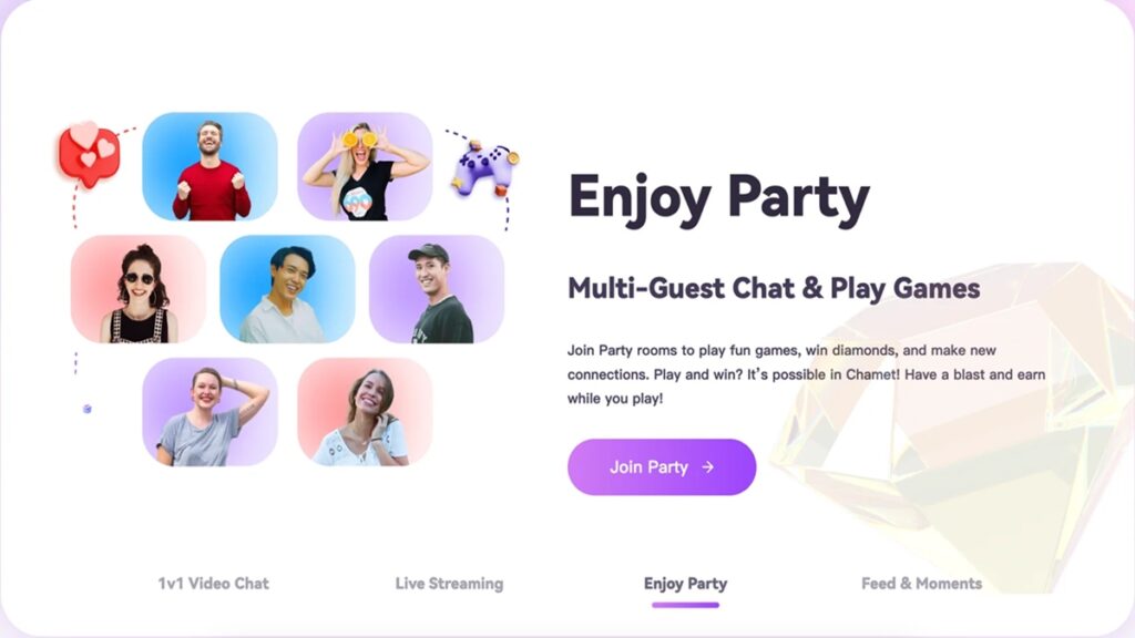 Chamet live party room interface showing multi-user video chat and gifting menu