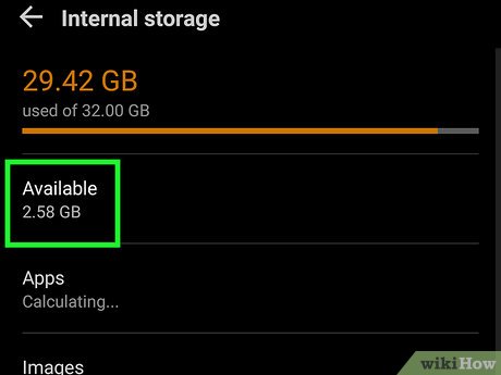 Menú de almacenamiento de Android con el espacio libre disponible