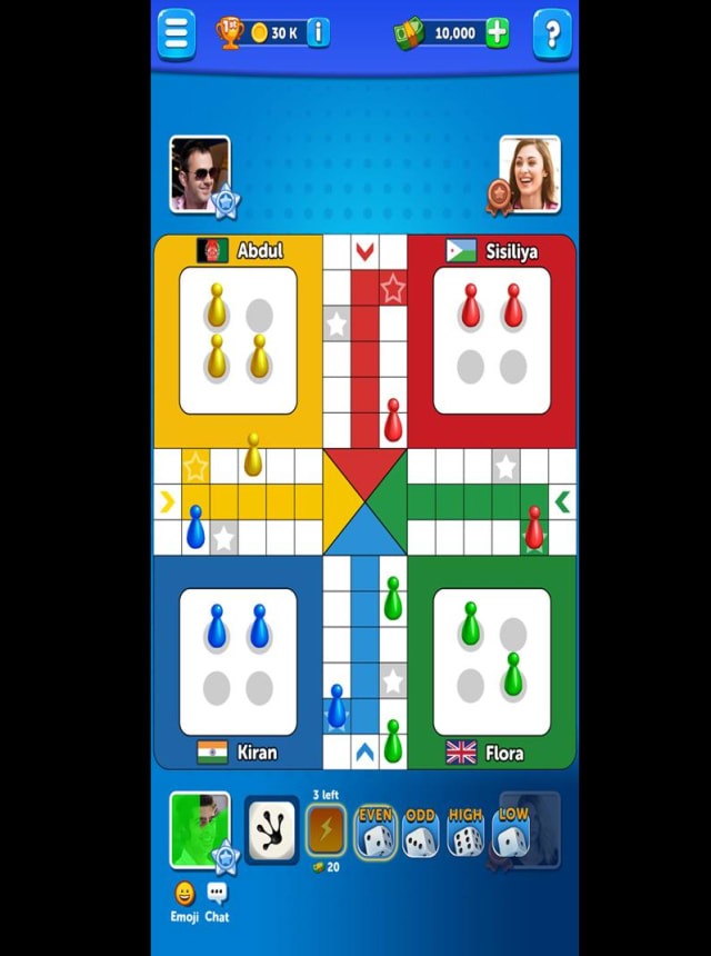 Lobby de Ludo Club con el tablero, los dados y el icono de perfil en la esquina