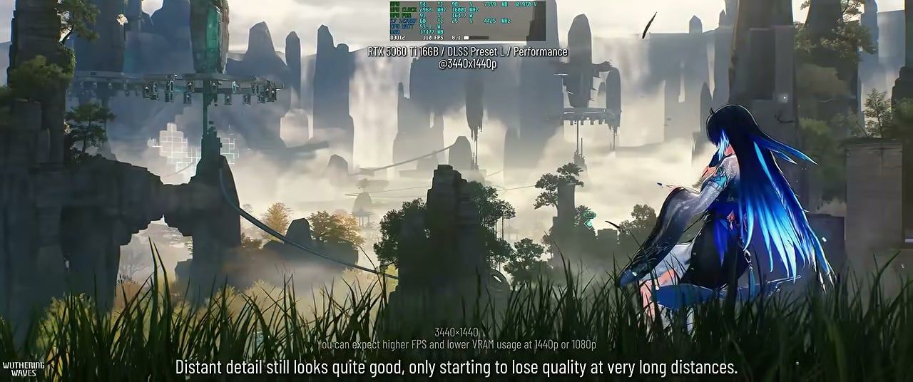 Wuthering Waves ultrawide vista with DLSS Performance FPS overlay