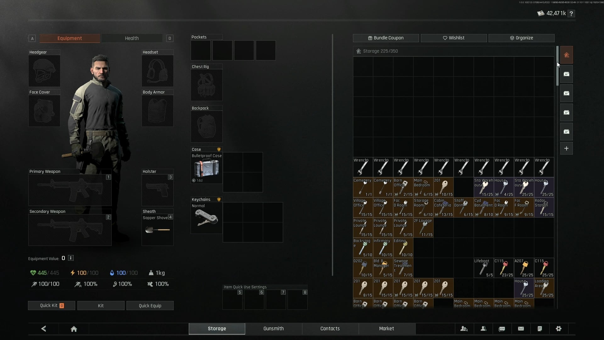 In-game inventory management screen displaying weapon parts and secure case slots in Arena Breakout Infinite