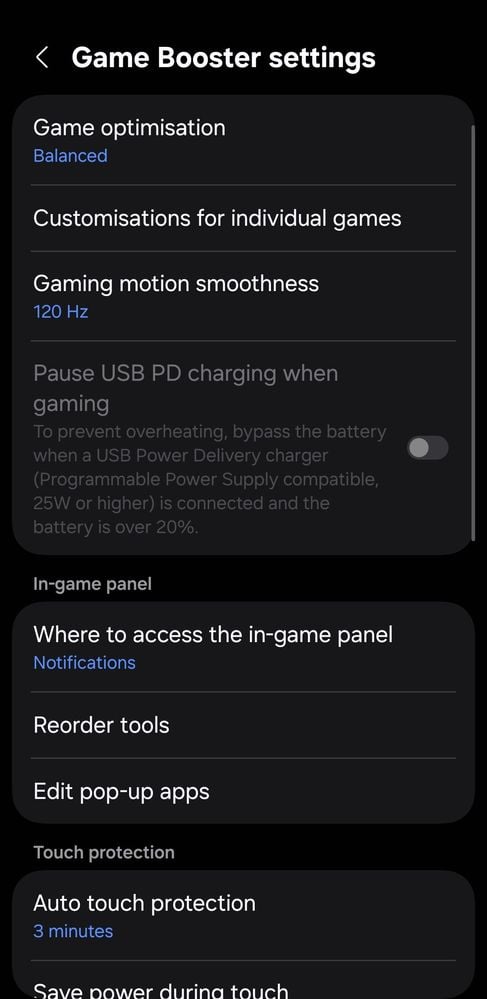 Ajustes de Samsung Game Booster con las opciones de bloqueo durante la partida