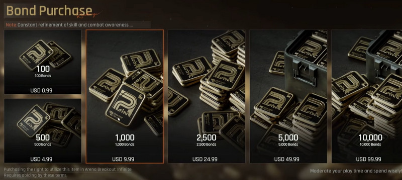 Arena Breakout Infinite in-game store interface displaying Bond packs