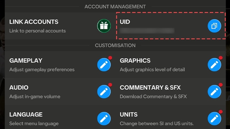 In-game settings menu in FC Mobile showing player UID and account status