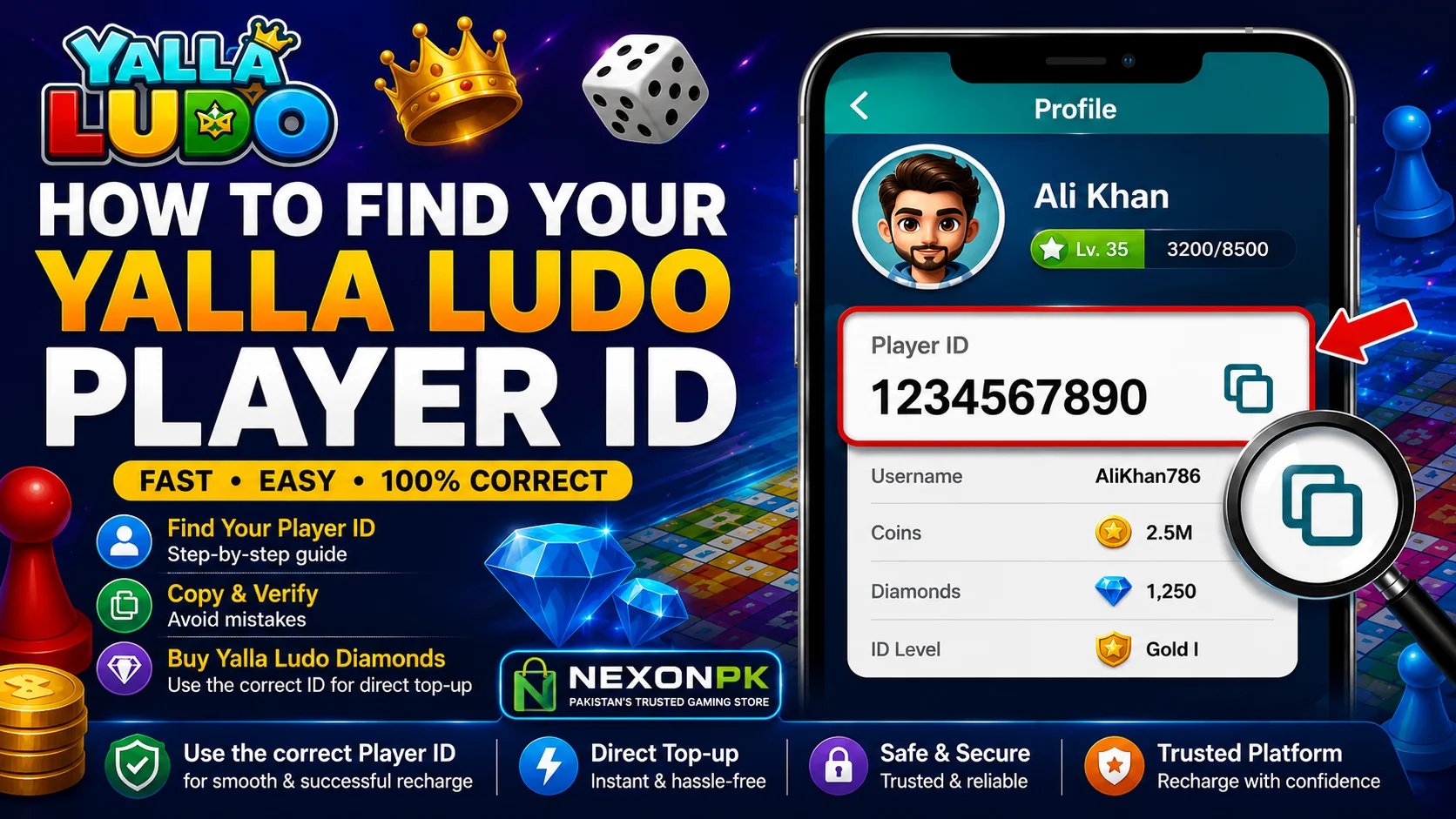 Screenshot of a Yalla Ludo profile screen highlighting the numeric User ID and account stats