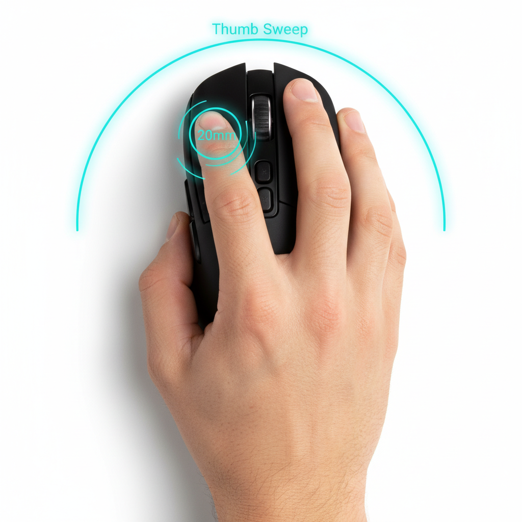 Ergonomic gaming mouse side buttons mapped for action MMORPG dodge and skills