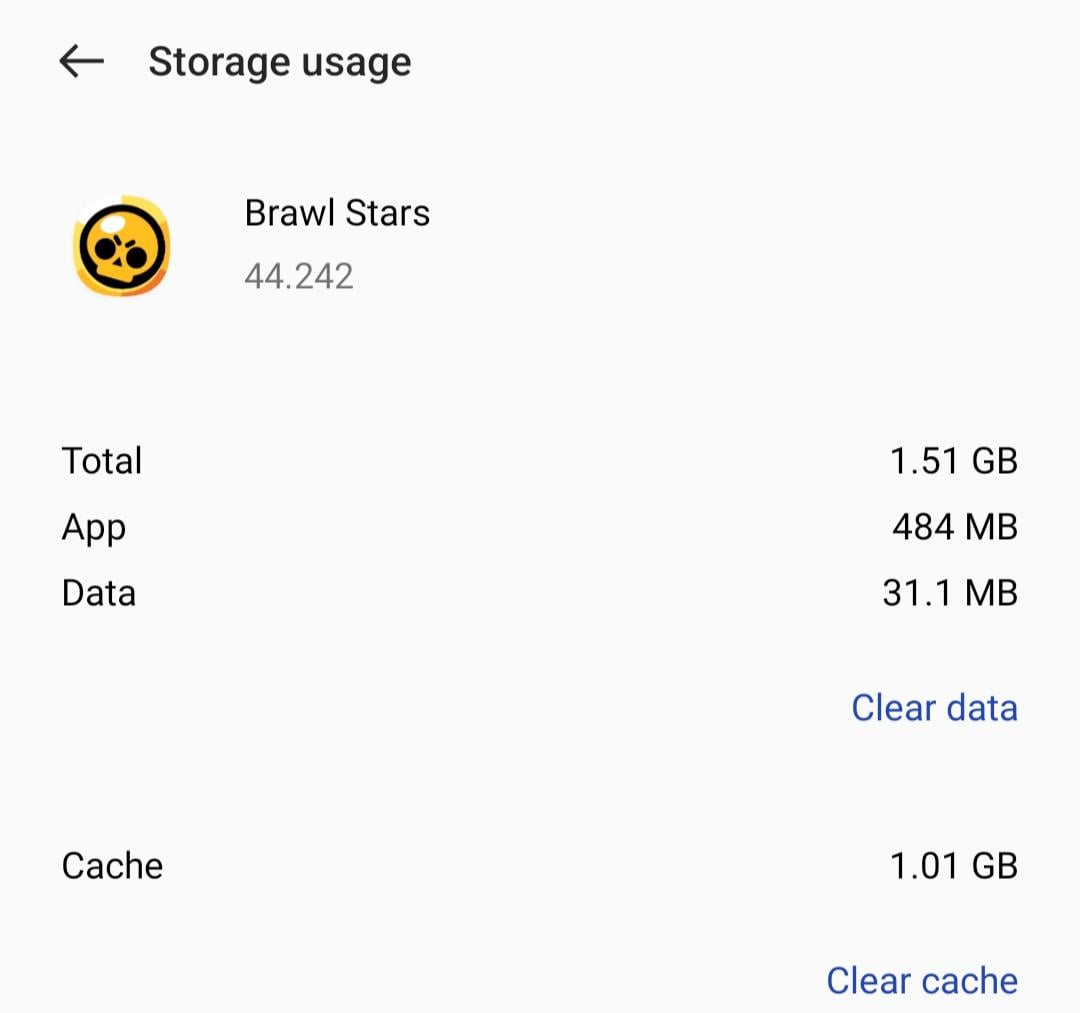 Ajustes de almacenamiento de la app mostrando la opción de borrar caché en Brawl Stars