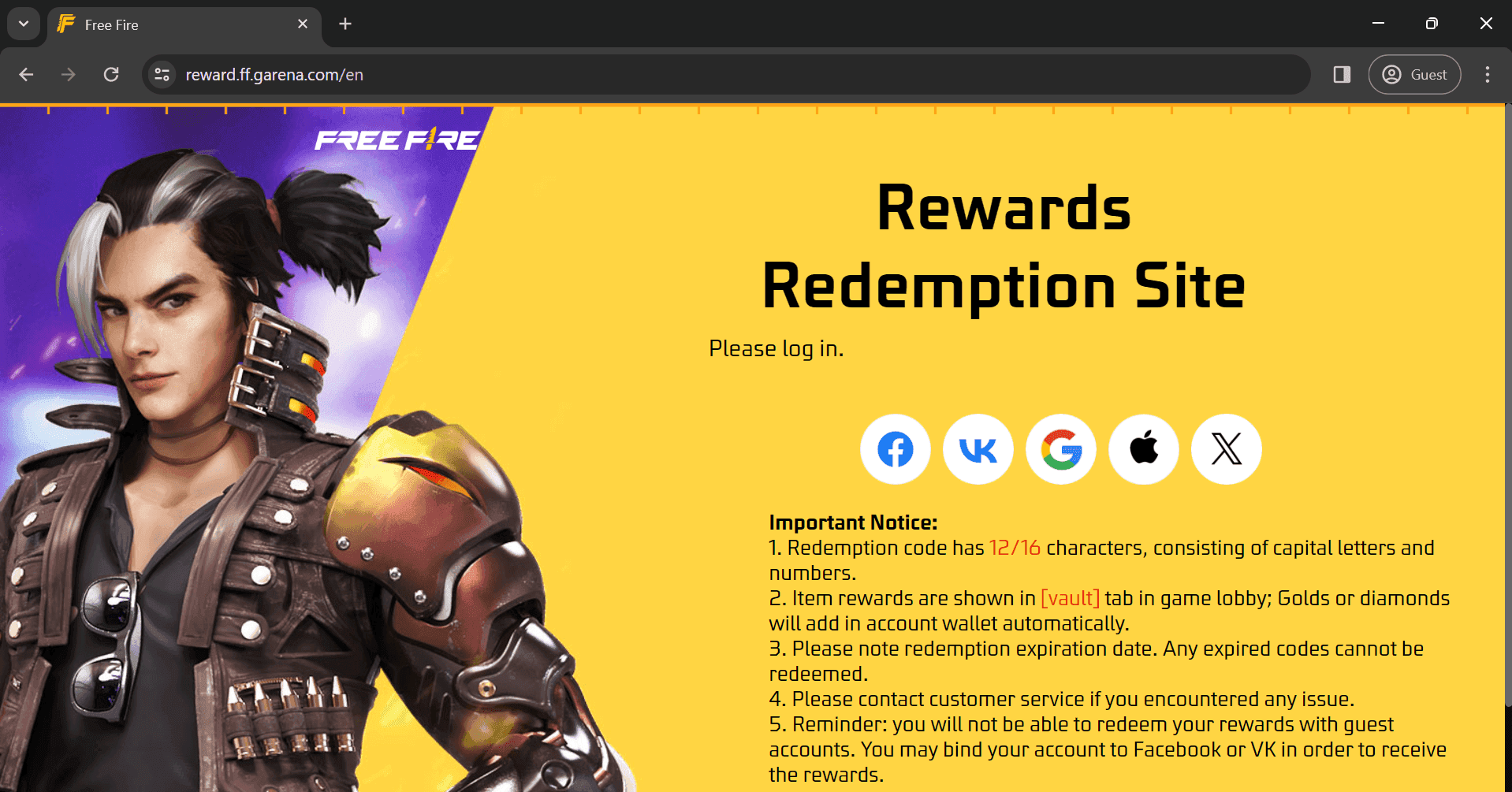 Interface du site d'échange de récompenses Garena Free Fire avec zone de texte