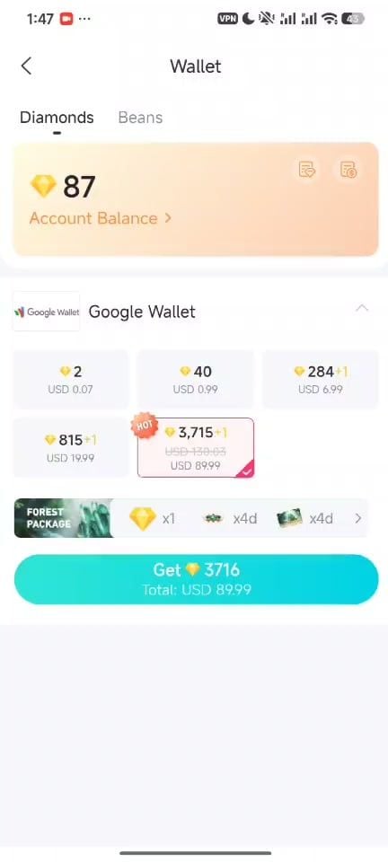 Pacchetti di ricarica BIGO Live Wallet Diamonds su Google Wallet luglio 2026