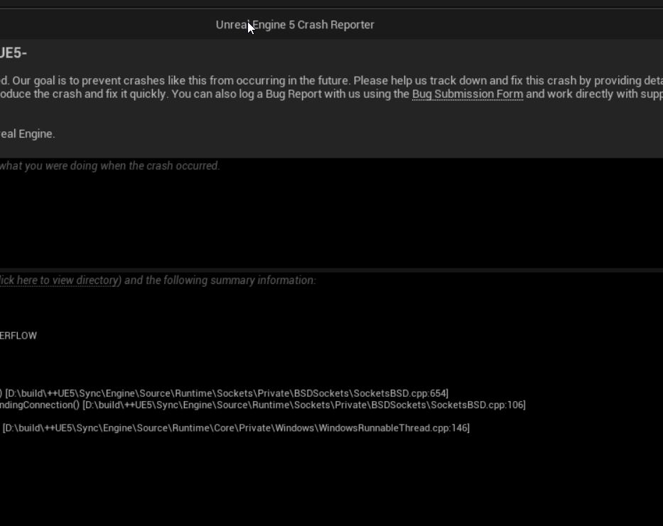 Ventana del informe de fallos de Unreal Engine 5 mostrando el contexto del registro de errores
