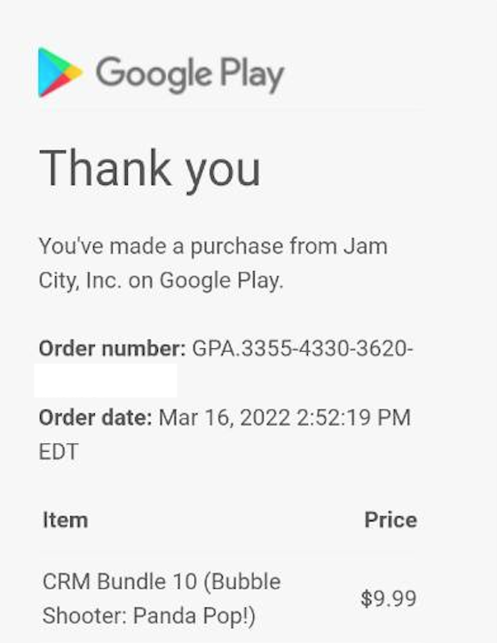 Historial de transacciones de Google Play mostrando el número de pedido GPA