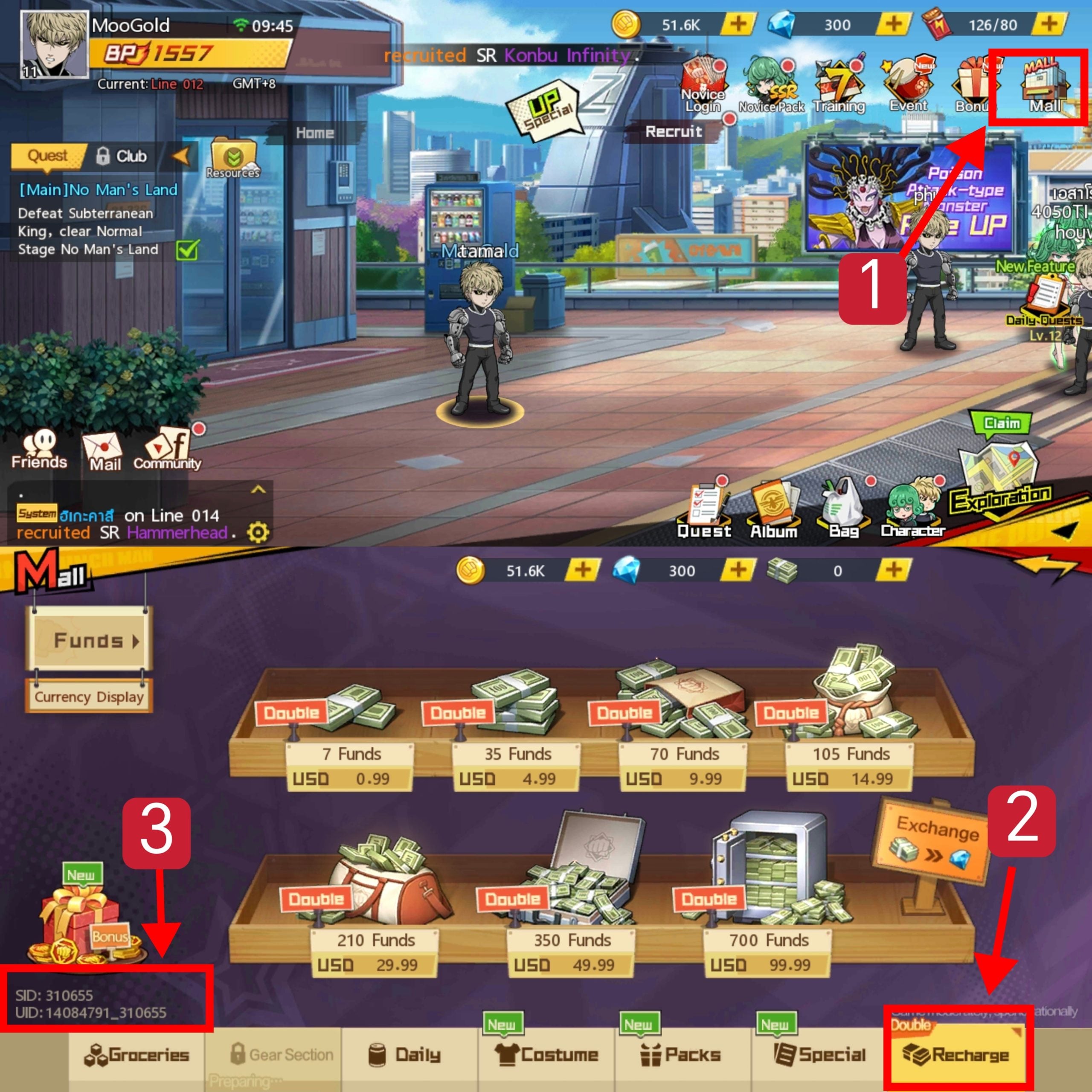 Pestaña de recarga en el Mall de One Punch Man The Strongest mostrando User ID y Server ID