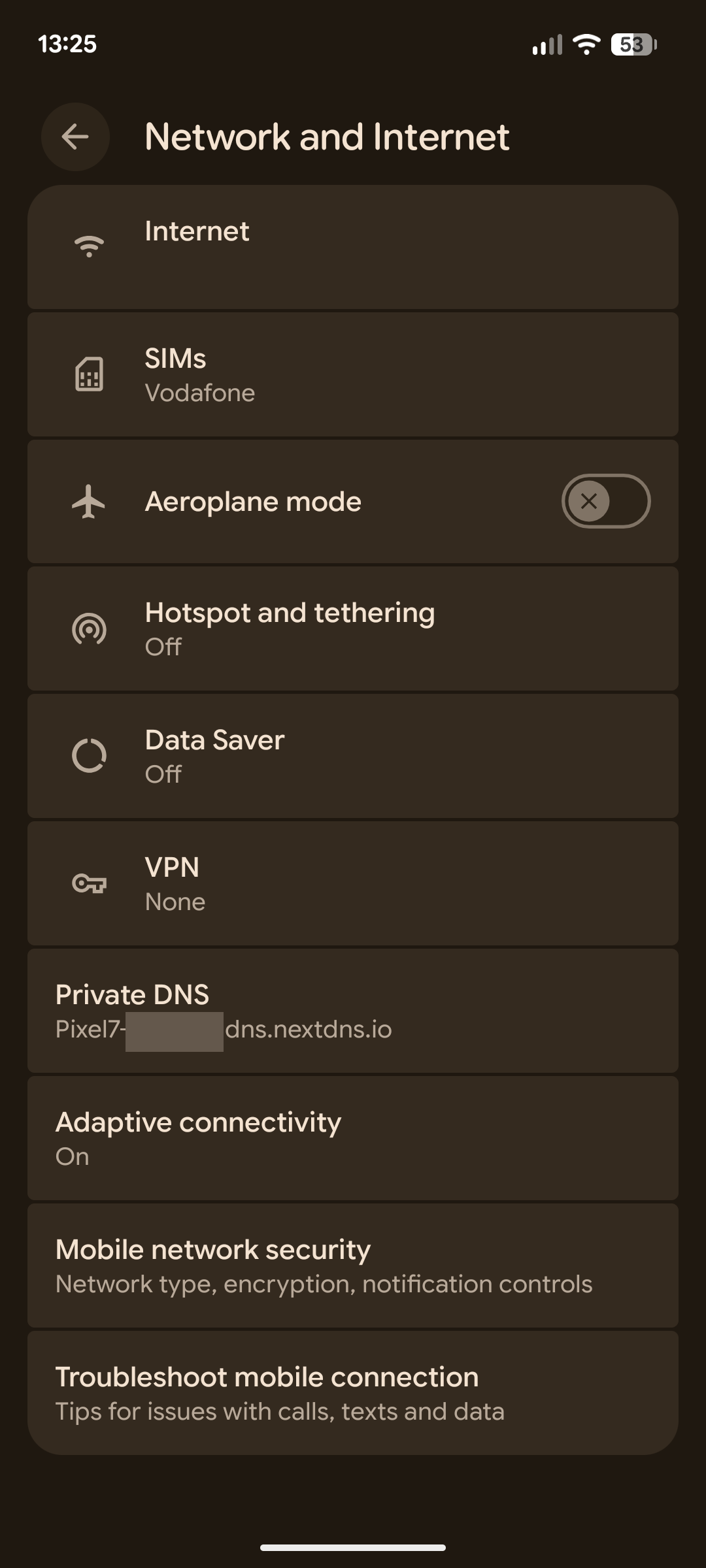 Android private dns network settings menu toggled to automatic mode