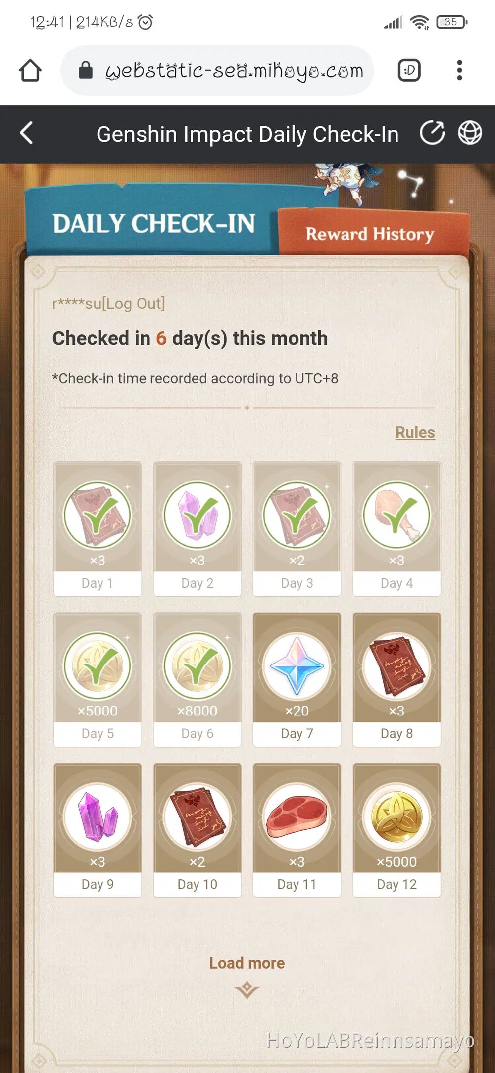 HoYoLAB community web check-in daily reward page