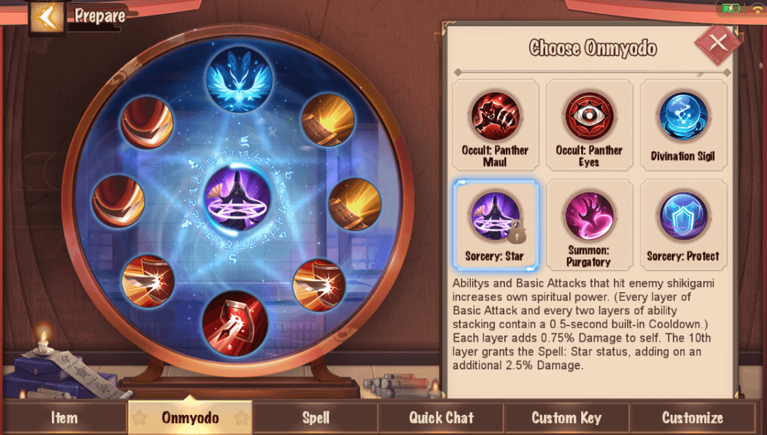 Obrazovka konfigurace Onmyoji Arena Onmyodo zobrazující runová mistrovství