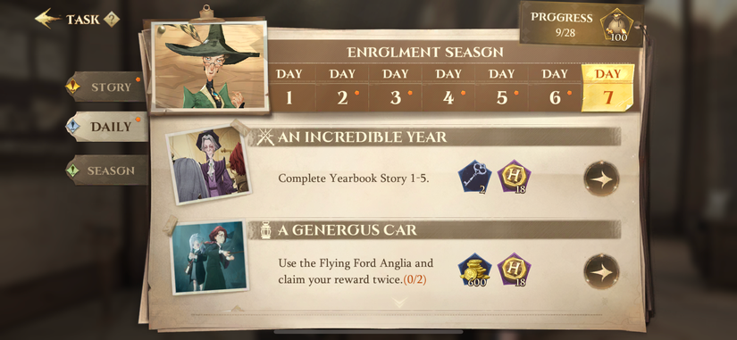 Daily assignment interface showing key rewards and tasks in Harry Potter Magic Awakened