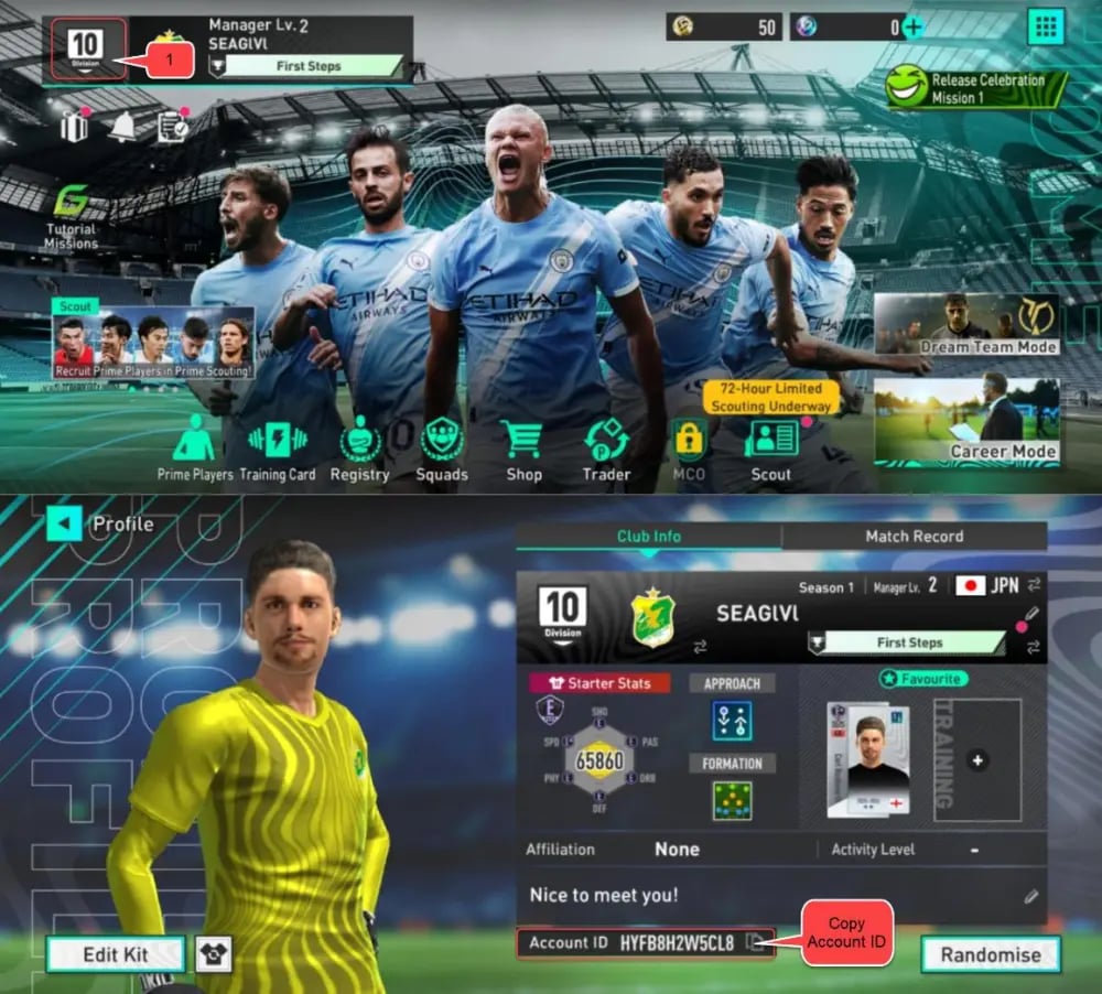 How to find your SEGA Football Club Champions RB UID