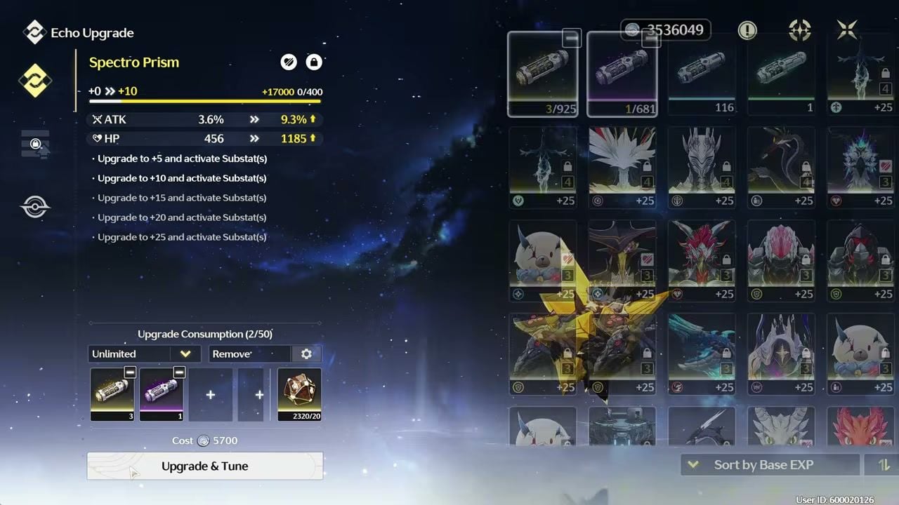 Wuthering Waves Echo upgrade and tune screen at +0 to +10