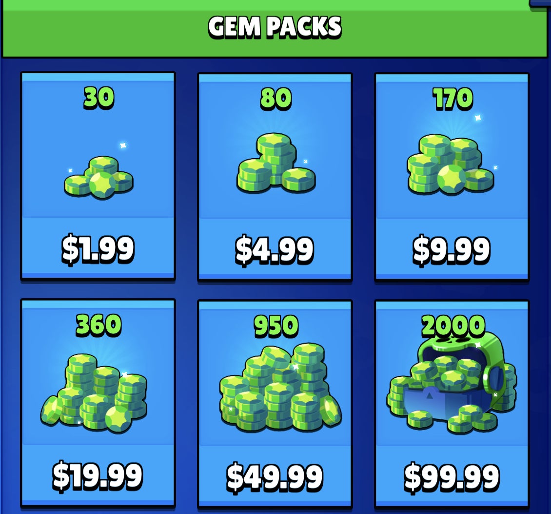 Brawl Stars in-game store showing standard gem pack denominations