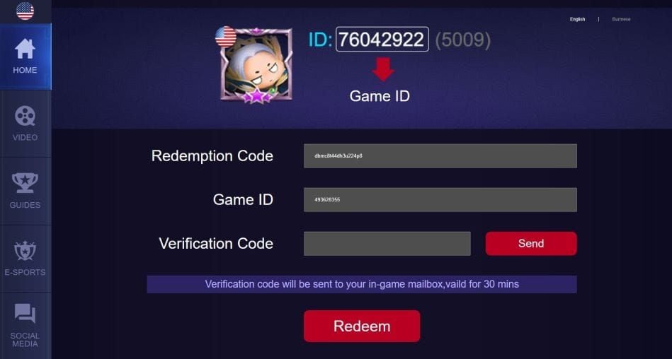 Moonton official code exchange web interface showing redemption fields