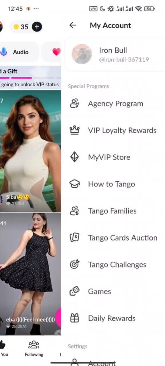 Tango Live Mijn Account Speciale Programma's menu