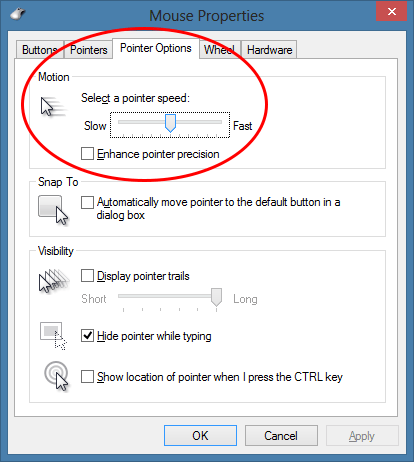 Cursore della velocità puntatore di Windows posizionato sulla sesta tacca