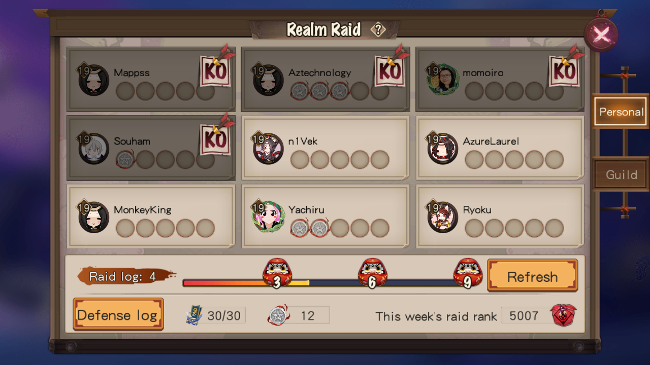 Layar pemilihan pertempuran Realm Raid Onmyoji