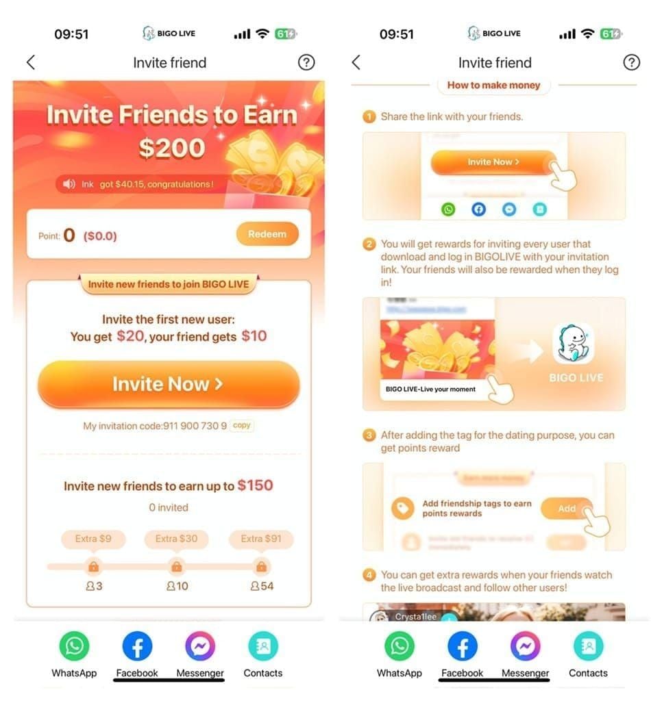 Bigo Live Invite Now referral interface