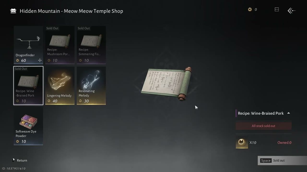 Recettes de la boutique du Temple Meow Meow de la Montagne Cachée dans Where Winds Meet