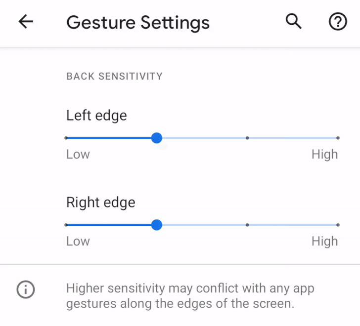 Menú de configuración de sensibilidad de gestos en el sistema móvil