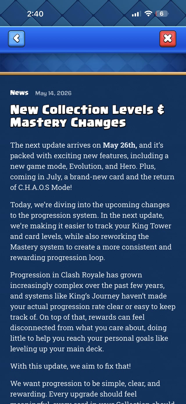 Clash Royale Collection Level milestone track showing Magic Lucky Chest and gem rewards