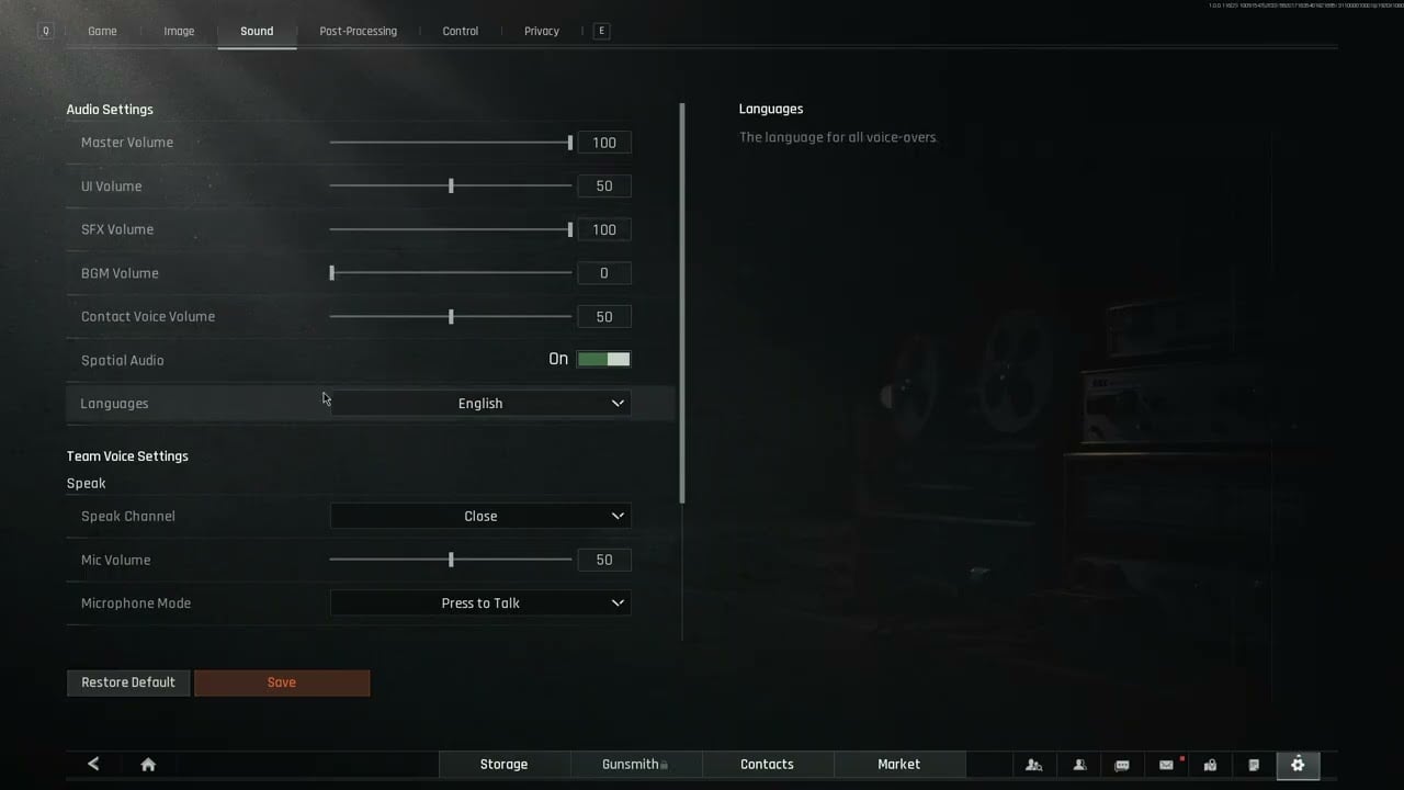 Arena Breakout Infinite audio settings menu showing volume sliders and dynamic range options