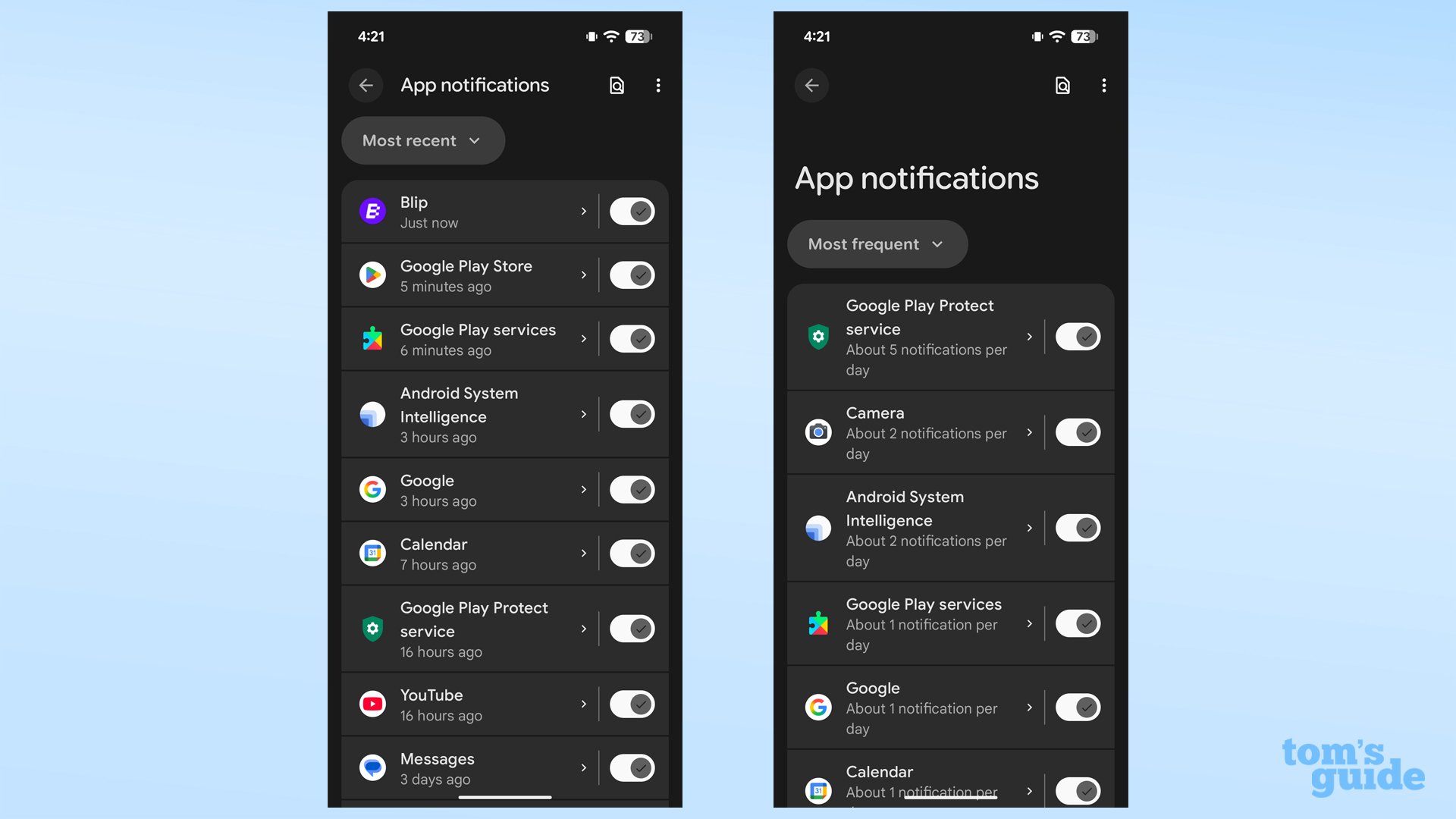 Android device settings showing app notifications toggle for mobile games
