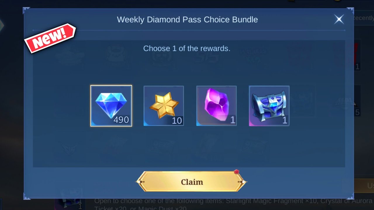 Mobile Legends in-game pass menu showing Weekly Diamond Pass and Starlight tiers