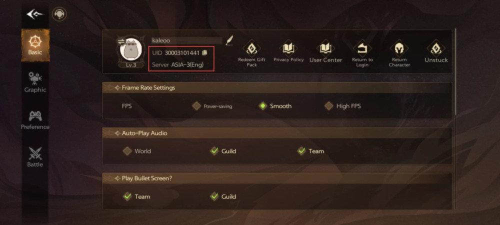 Tarisland settings screen highlighting the player account UID