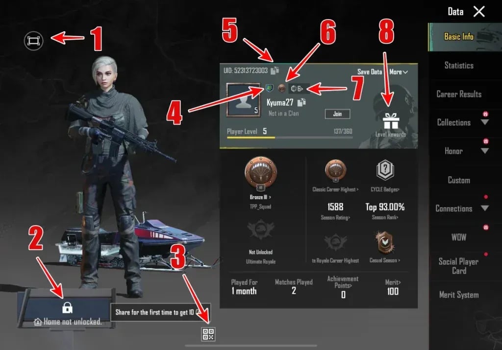 PUBG Mobile profile view highlighting the numeric Character ID copy button