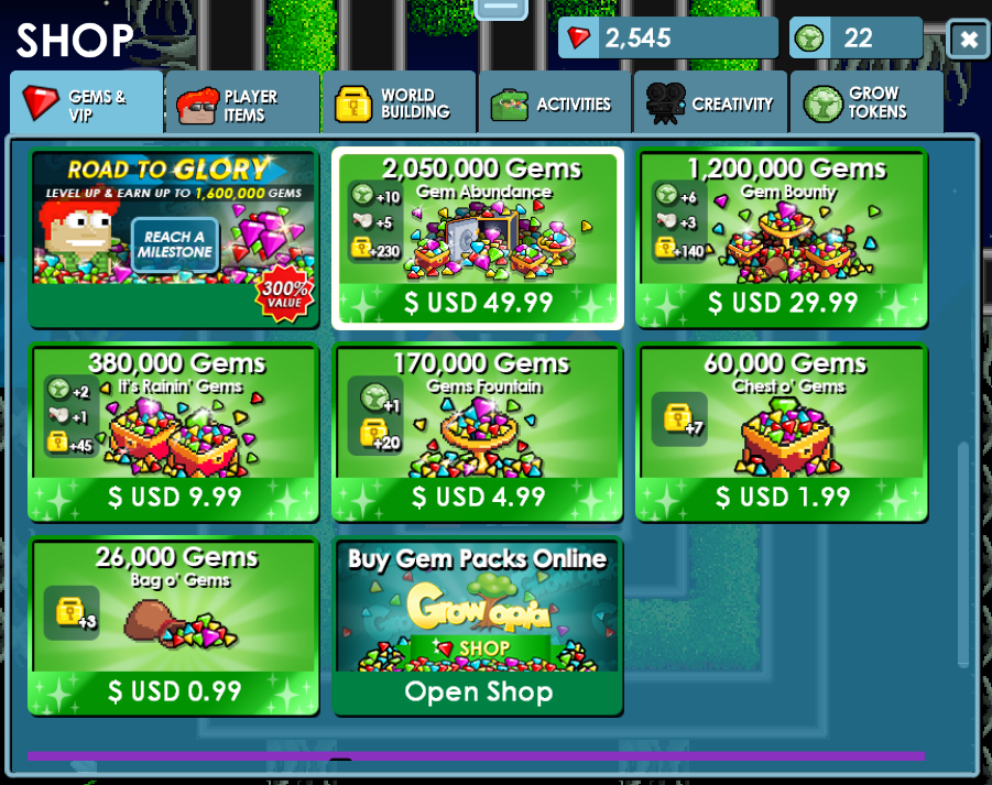 Pantalla de la tienda de Growtopia con el diseño de los paquetes de Gems junto a las ofertas de World Locks