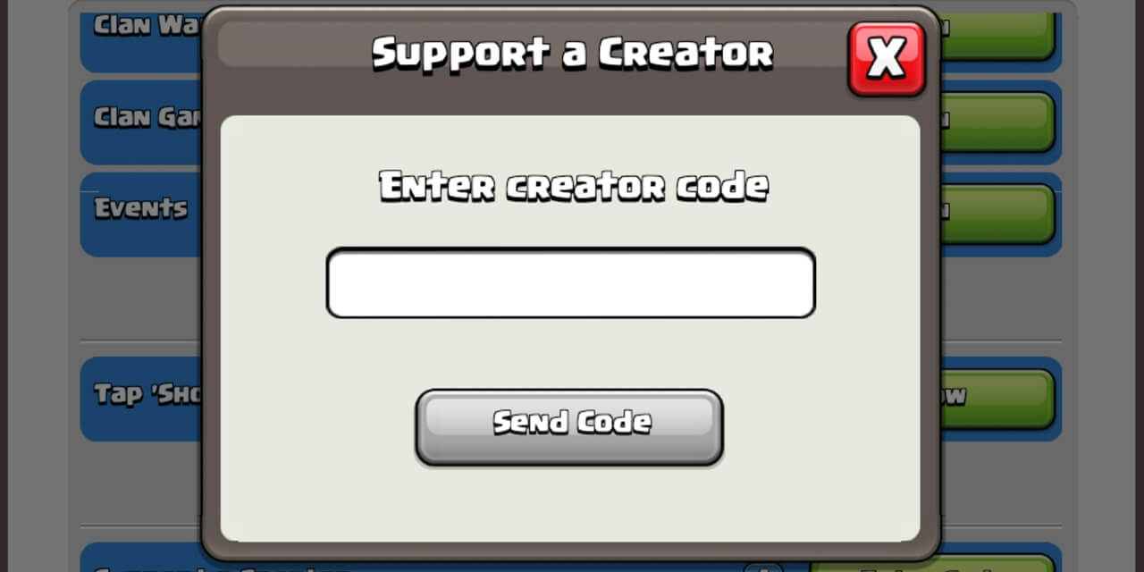 Casilla de introducción del código de creador en la tienda de Clash Royale