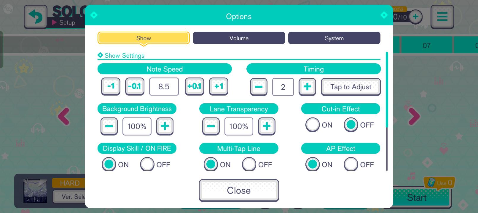 Colorful Stage in-game graphics and live show settings menu