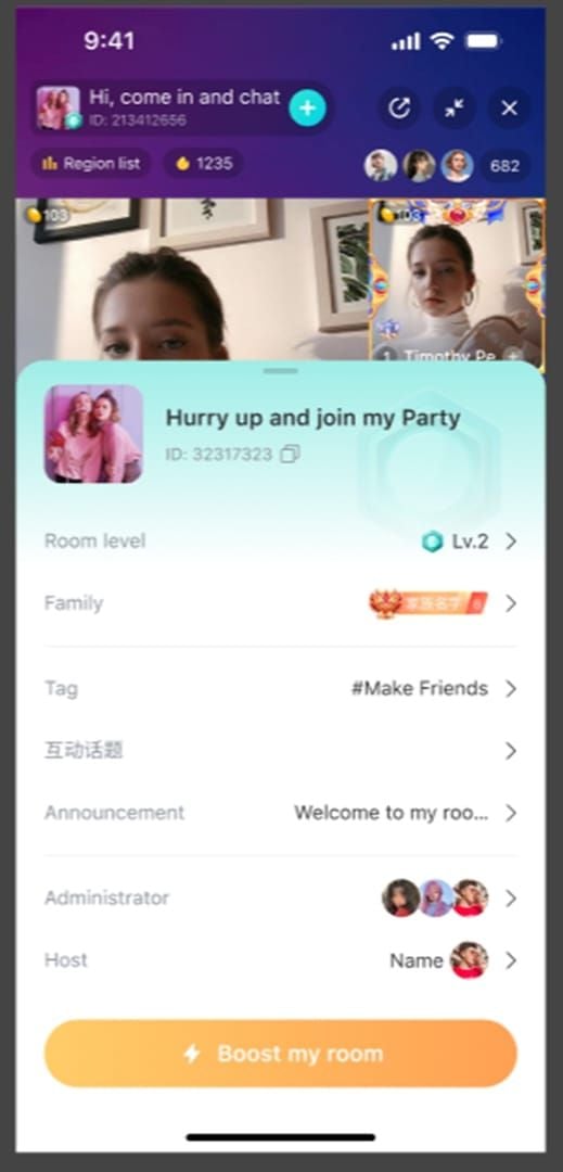 Stanza multi-guest di BIGO LIVE con pannelli video per nove partecipanti