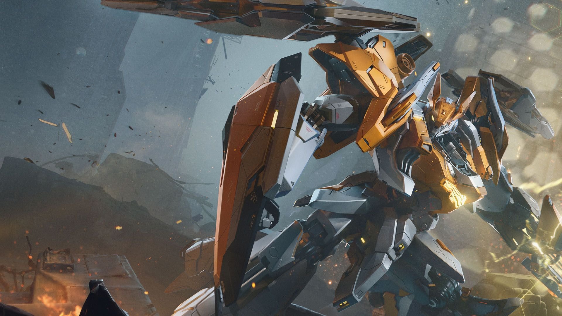 Cuatro Strikers de Mecha BREAK en formación bajo las luces del hangar